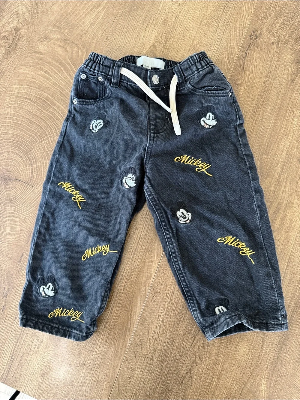 Zara Black Denim Jeans with Yellow Mickey Embroidery - Picture 1 of 2